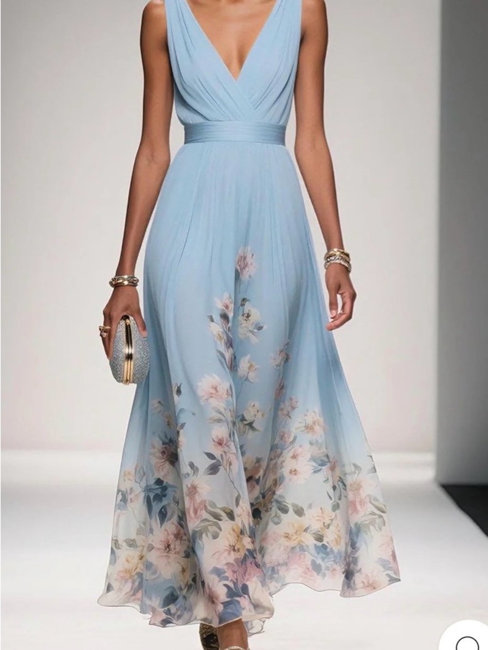 Light Blue Floral V-Neck Maxi Dress